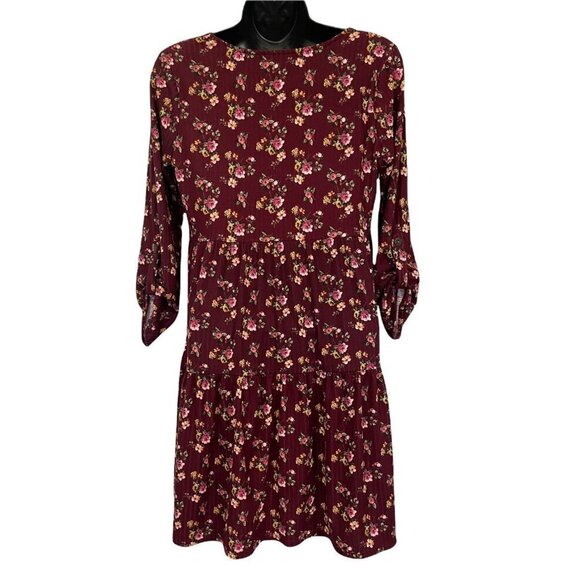 ke•ned•ik Smock Dress Floral Burgundy Button Front Tabbed Sleeve Size S - Picture 4 of 5